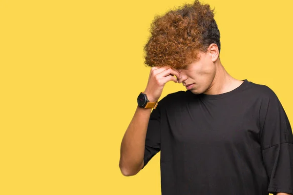 Young Handsome Man Afro Hair Wearing Black Shirt Tired Rubbing — Stock Photo, Image