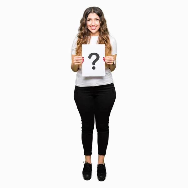 Young Adult Woman Holding Paper Question Mark Happy Face Standing — Stock Photo, Image