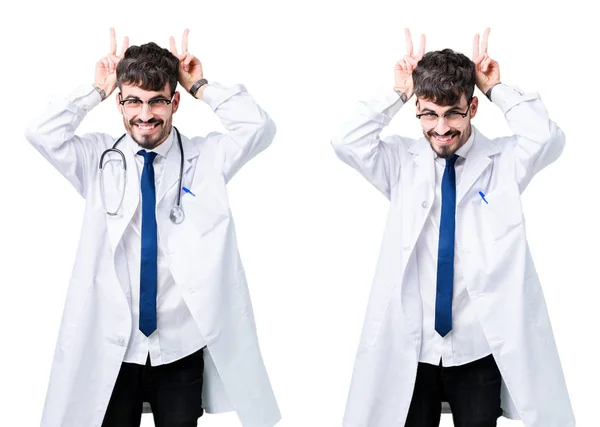 Collage Giovane Medico Uomo Indossa Cappotto Medico Posa Divertente Pazzo — Foto Stock