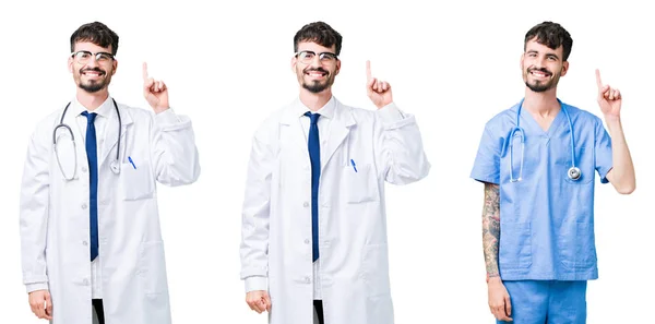 Collage Médico Hombre Con Abrigo Médico Sobre Fondo Aislado Mostrando — Foto de Stock