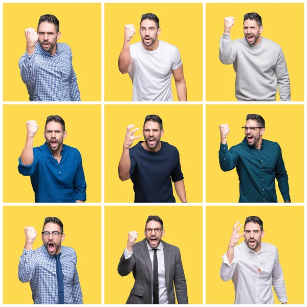 Collage of handsome man over yellow isolated background angry and mad raising fist frustrated and furious while shouting with anger. Rage and aggressive concept.