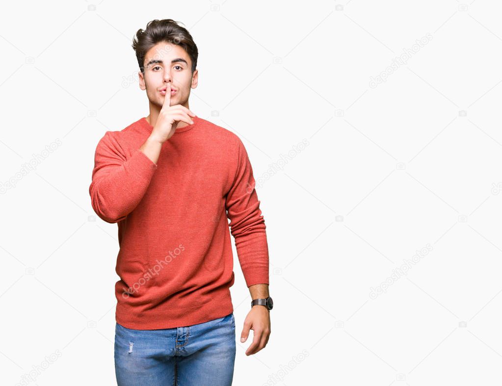Young handsome man over isolated background asking to be quiet with finger on lips. Silence and secret concept.