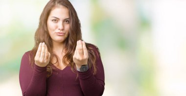 Güzel ve çekici maaş ödeme için milyoner iş soran arka plan yapıyor para hareketi el ile üzerinden bir elbise giyen genç kadın izole boyutu artı