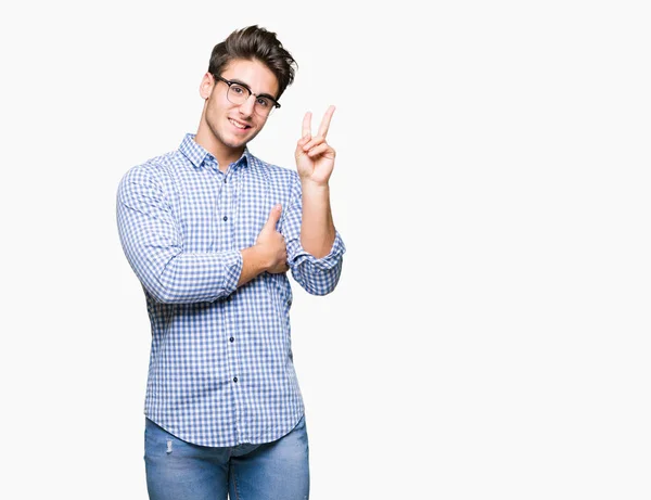 Ung Vacker Man Glasögon Över Isolerade Bakgrund Leende Med Glada — Stockfoto