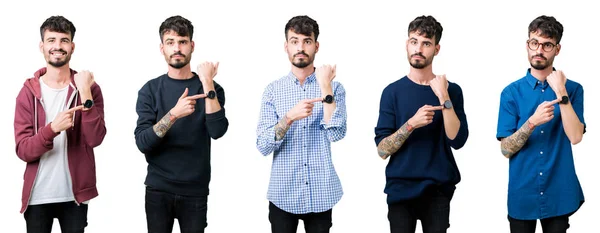 Collage Ung Man Över Isolerade Bakgrund Hast Pekar Att Titta — Stockfoto