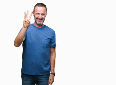 Orta yaş ağarmış komuta sizde gösterilen ve parmakları ile işaret izole arka plan üzerinde üçüncü ise kendinden emin ve mutlu gülümseyerek.