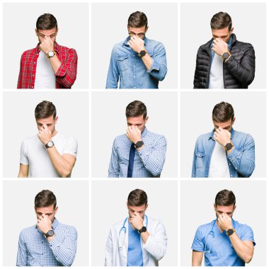 Kolaj çekici genç adam beyaz bir arka plan yorgun sürtünme burun ve göz yorgunluğu ve baş ağrısı duygu izole. Stres ve hayal kırıklığı kavramı.