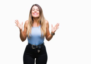 Genç güzel şık iş kadını üzerinde arka plan deli kutluyor izole ve crazy arms ile başarı için kaldırdı ve heyecanlı çığlık gözler kapalı. Kazanan kavramı