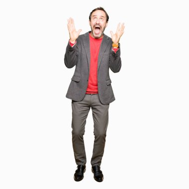 Orta yaş yakışıklı iş adamı deli ve silah ile başarı için deli kutluyor kaldırdı ve heyecanlı çığlık gözler kapalı. Kazanan kavramı