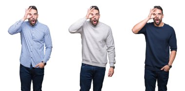 Yakışıklı iş adamı ok jest sürpriz yüz, göz parmaklarının arasından seyir şok yapıyor beyaz izole arka plan üzerinde kolaj. İmansız ifade.