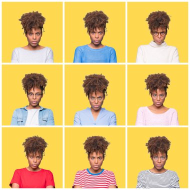 Sarı izole arka plan üzerinde genç güzel Afrikalı kız kolaj şüpheci ve sinir, Çapraz kollar ile yüz üzerinde ifade onaylamıyor. Negatif kişi.