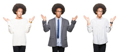 Kolaj üzerinde beyaz izole arka plan clueless ve şaşkın bir ifadeyle kollar ve eller kaldırdı afro saçlı Genç adam. Şüphe kavramı.