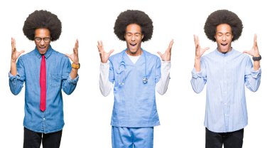 Kızgın ve silah ile başarı için deli kutluyor beyaz izole arka plan üzerinde afro saçlı Genç adam kolaj kaldırdı ve heyecanlı çığlık gözler kapalı. Kazanan kavramı