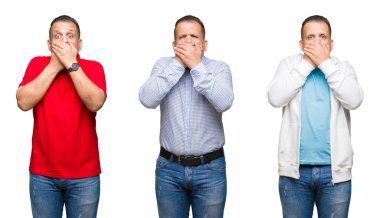 Arap orta yaş adam izole arka plan ağız hata için elleriyle kapsayan şok bileşimi. Gizli kavramı.