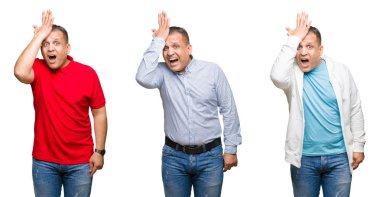 Arap orta yaş adam izole arka kafasına hata için el ile sürpriz bileşimi hata hatırlıyorum. Unuttum, kötü bellek kavramı.