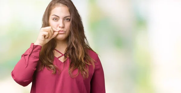 Beautiful Size Young Woman Isolated Background Mouth Lips Shut Zip — Stock Photo, Image