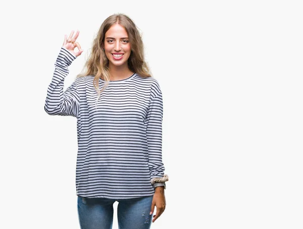 Beautiful Young Blonde Woman Wearing Stripes Sweater Isolated Background Smiling — Stock Photo, Image