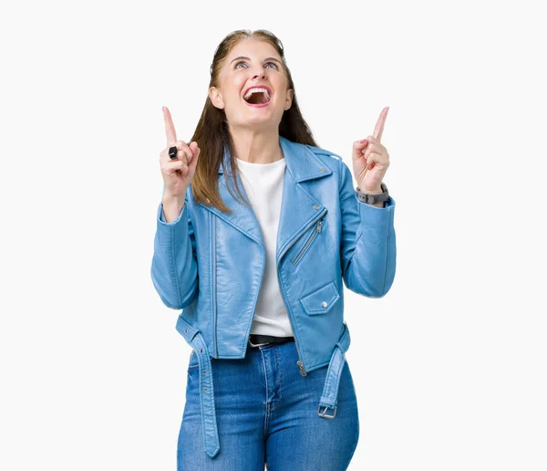 Beautiful Middle Age Mature Woman Wearing Fashion Leather Jacket Isolated — Stock Photo, Image