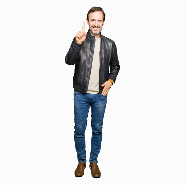 Middle Age Handsome Man Wearing Black Leather Jacket Showing Pointing — Stock Photo, Image