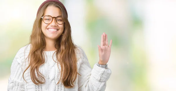 Jovem Bela Morena Hipster Mulher Vestindo Óculos Chapéu Inverno Sobre — Fotografia de Stock