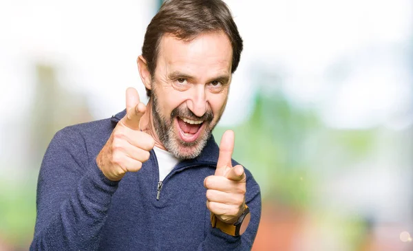 Middle Age Handsome Man Wearing Sweater Pointing Fingers Camera Happy — Stock Photo, Image