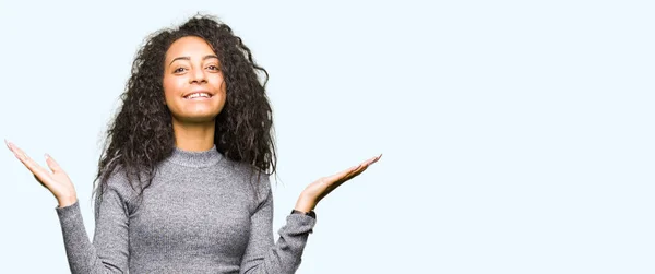 Young Beautiful Girl Curly Hair Clueless Confused Expression Arms Hands — Stock Photo, Image