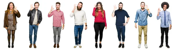 Collage People White Isolated Background Smiling Positive Doing Sign Hand — Stock Photo, Image