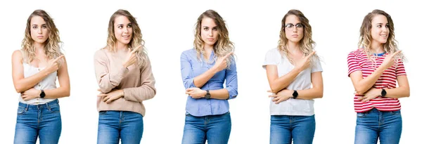 Colagem Jovem Linda Menina Loira Sobre Fundo Isolado Apontando Com — Fotografia de Stock