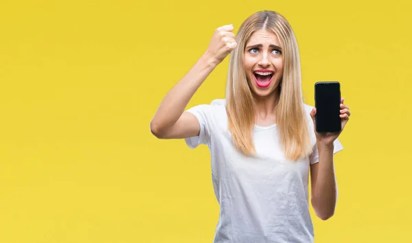 Young Beautiful Blonde Woman Showing Smartphone Isolated Background Annoyed Frustrated — Stock Photo, Image