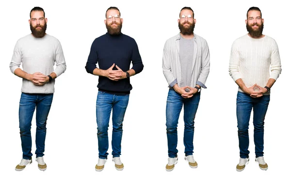 Collage of young man with bun over white isolated background Hands together and fingers crossed smiling relaxed and cheerful. Success and optimistic