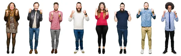Collage Personer Över Isolerade Vitbakgrund Glada För Framgång Med Armar — Stockfoto