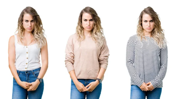 Collage Young Beautiful Blonde Girl Isolated Background Skeptic Nervous Frowning — Stock Photo, Image