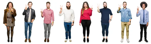 Collage People White Isolated Background Showing Pointing Fingers Number Two — Stock Photo, Image