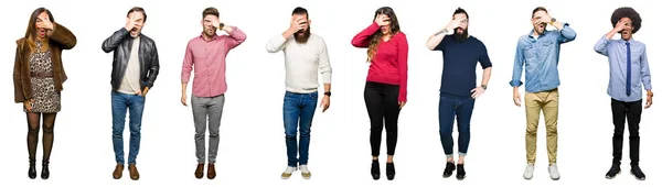 Collage People White Isolated Background Peeking Shock Covering Face Eyes — Stock Photo, Image