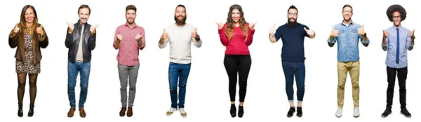 Collage Von Menschen Vor Weißem Isoliertem Hintergrund Die Eine Positive — Stockfoto
