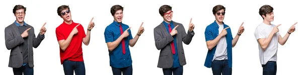 若い男が笑みを浮かべて つの手と指で指しているカメラを見て白い分離の背景の上のコラージュ — ストック写真