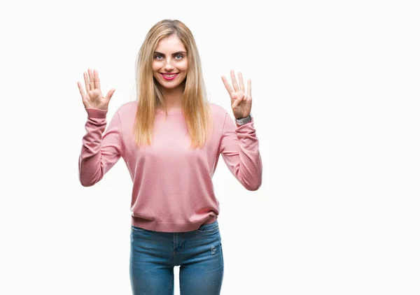 Giovane Bella Donna Bionda Che Indossa Maglione Invernale Rosa Sfondo — Foto Stock