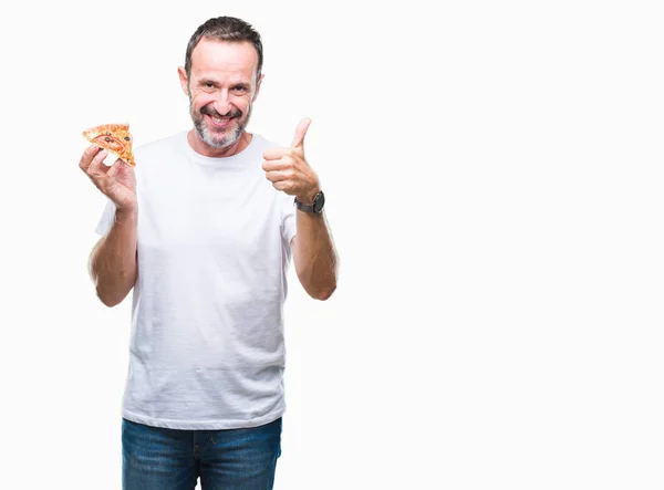 Middelbare Leeftijd Hoary Senior Man Eten Pizza Slice Geïsoleerde Achtergrond — Stockfoto