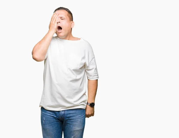 Middle Age Arab Man Wearig White Shirt Isolated Background Yawning — Stock Photo, Image