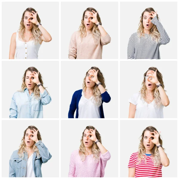 Collage Ung Vacker Blond Tjej Över Isolerade Bakgrund Gör Gest — Stockfoto