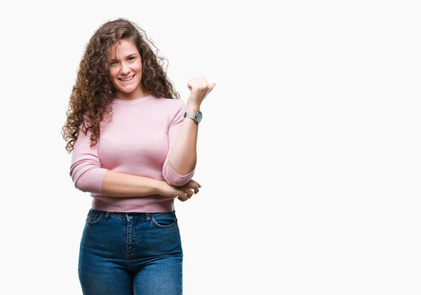 Schöne Brünette Lockige Haare Junges Mädchen Trägt Rosa Pullover Über — Stockfoto