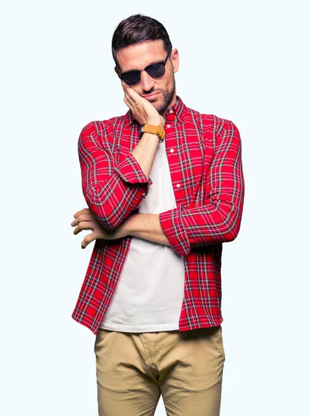 Handsome Man Wearing Fashion Sunglasses Thinking Looking Tired Bored Depression — Stock Photo, Image