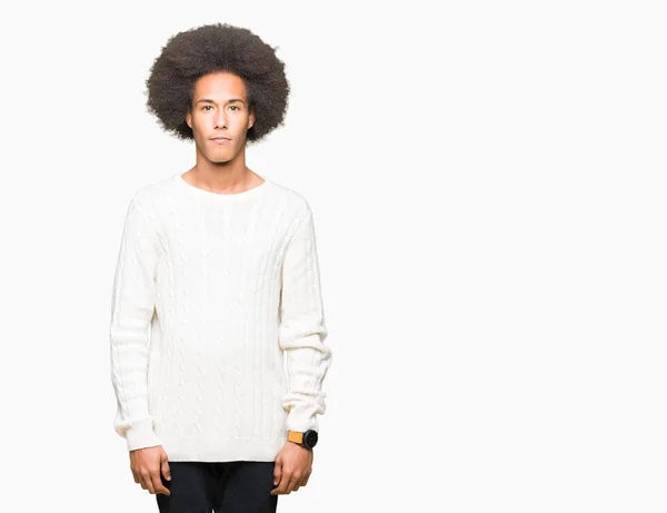 Young African American Man Afro Hair Wearing Winter Sweater Relaxed — Stock Photo, Image
