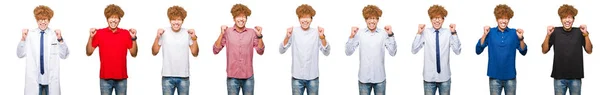 Collage Young Man Wearing Different Looks Isolated White Background Excited — Stock Photo, Image