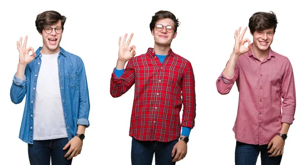 Beyaz Izole Arka Plan Parmaklar Işaretiyle Yapıyor Olumlu Gülümseyen Genç — Stok fotoğraf