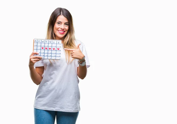 Jonge Mooie Vrouw Houdt Van Menstruatie Kalender Geïsoleerde Achtergrond Erg — Stockfoto