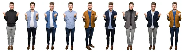 Collage Joven Hombre Negocios Guapo Con Diferentes Miradas Sobre Fondo —  Fotos de Stock