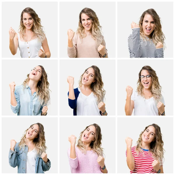 Collage Young Beautiful Blonde Girl Isolated Background Very Happy Excited — Stock Photo, Image