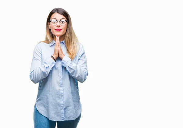 Young Beautiful Business Woman Wearing Glasses Isolated Background Praying Hands — Stock Photo, Image