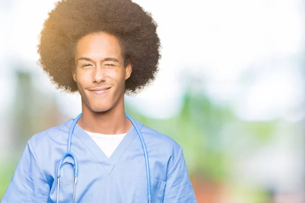 Young African American Doctor Man Afro Hair Winking Looking Camera — Stock Photo, Image